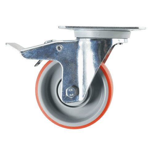 Braked Top Plate Red PU Industrial Castors